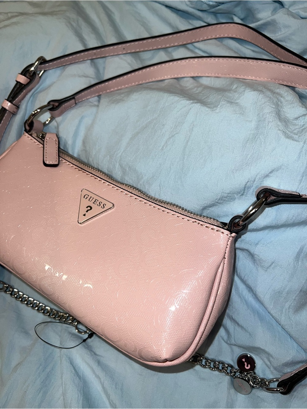 GUESS Light Pink Patent Shoulder Bag with Chain Accent